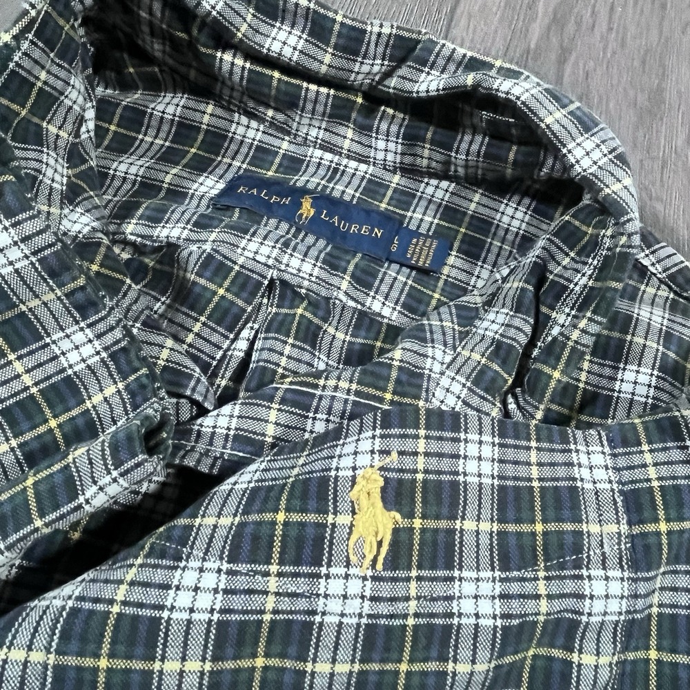 Polo Ralph Lauren Shirt Mens‎ Large Green Tartan Plaid Yellow Pony Pocket Preppy